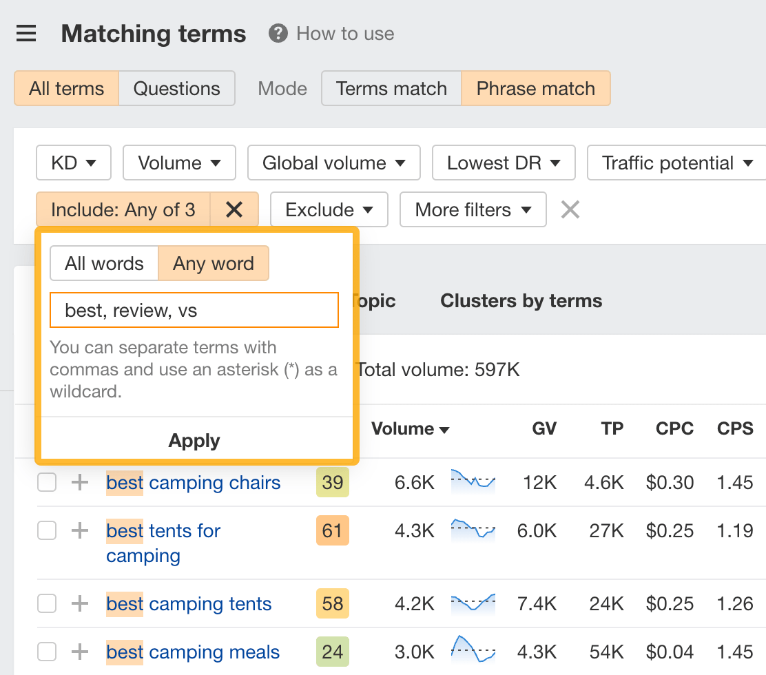 The Official Ahrefs Tutorial: How to Use Ahrefs to Improve SEO | Finding commercial keywords using the Include filter in Keywords Explorer