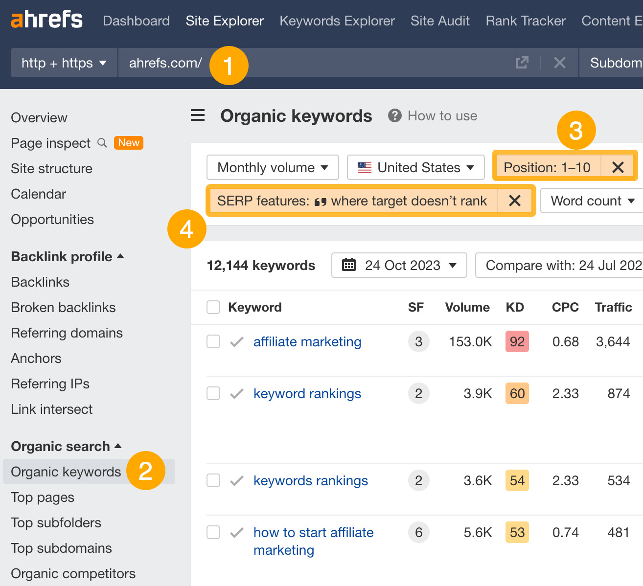 The Official Ahrefs Tutorial: How to Use Ahrefs to Improve SEO | Low-hanging featured snippet opportunities for our website, via Ahrefs' Site Explorer