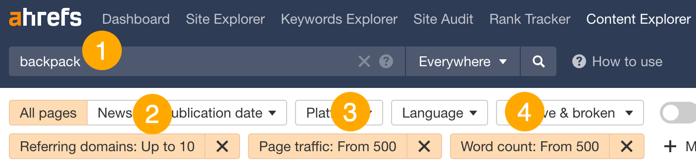 The Official Ahrefs Tutorial: How to Use Ahrefs to Improve SEO | The filters for finding low-competition topics with high search traffic potential