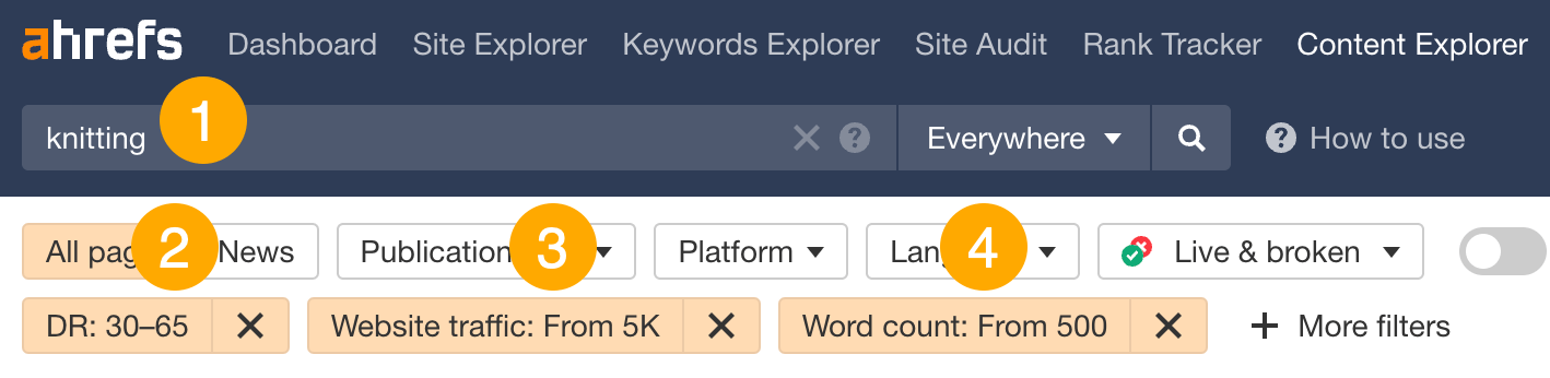 The Official Ahrefs Tutorial: How to Use Ahrefs to Improve SEO | The filters for finding guest post opportunities