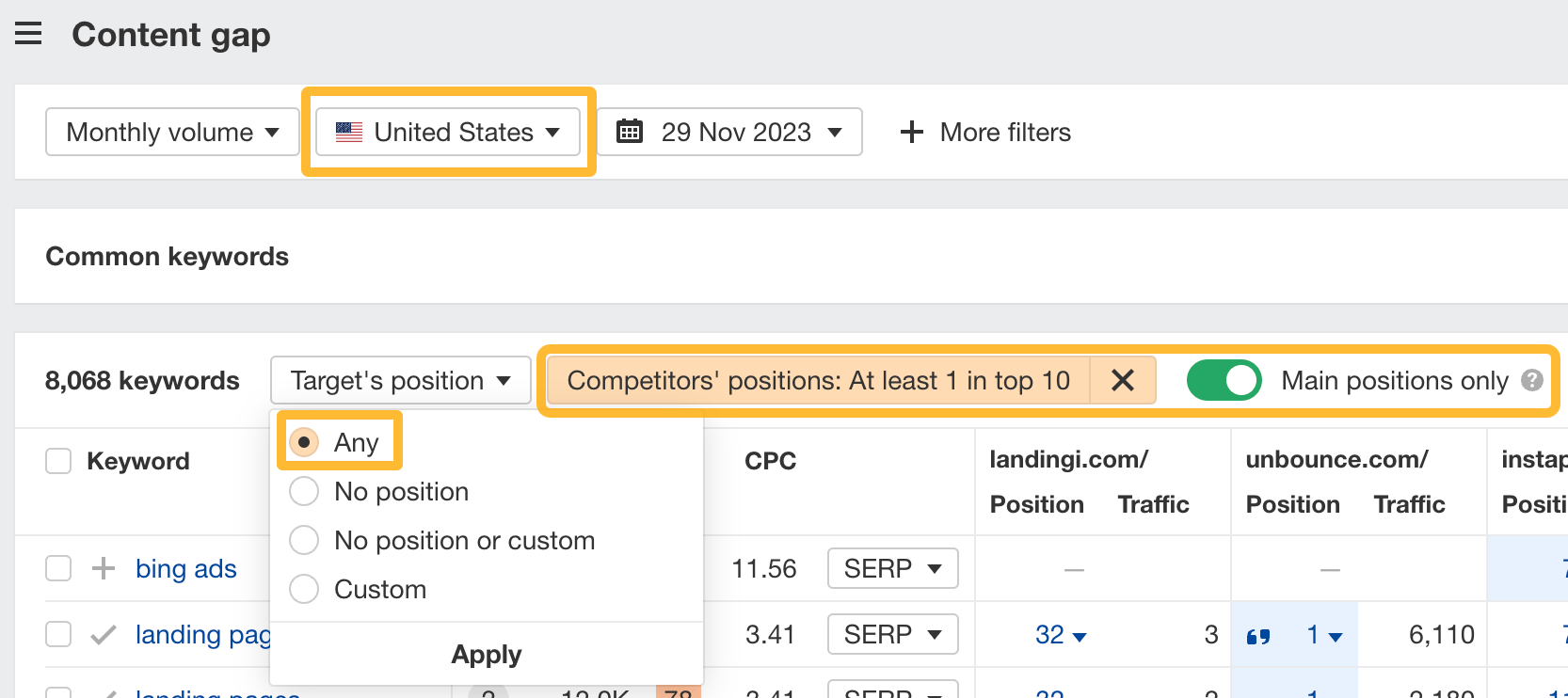 Content gap analysis filter setup.