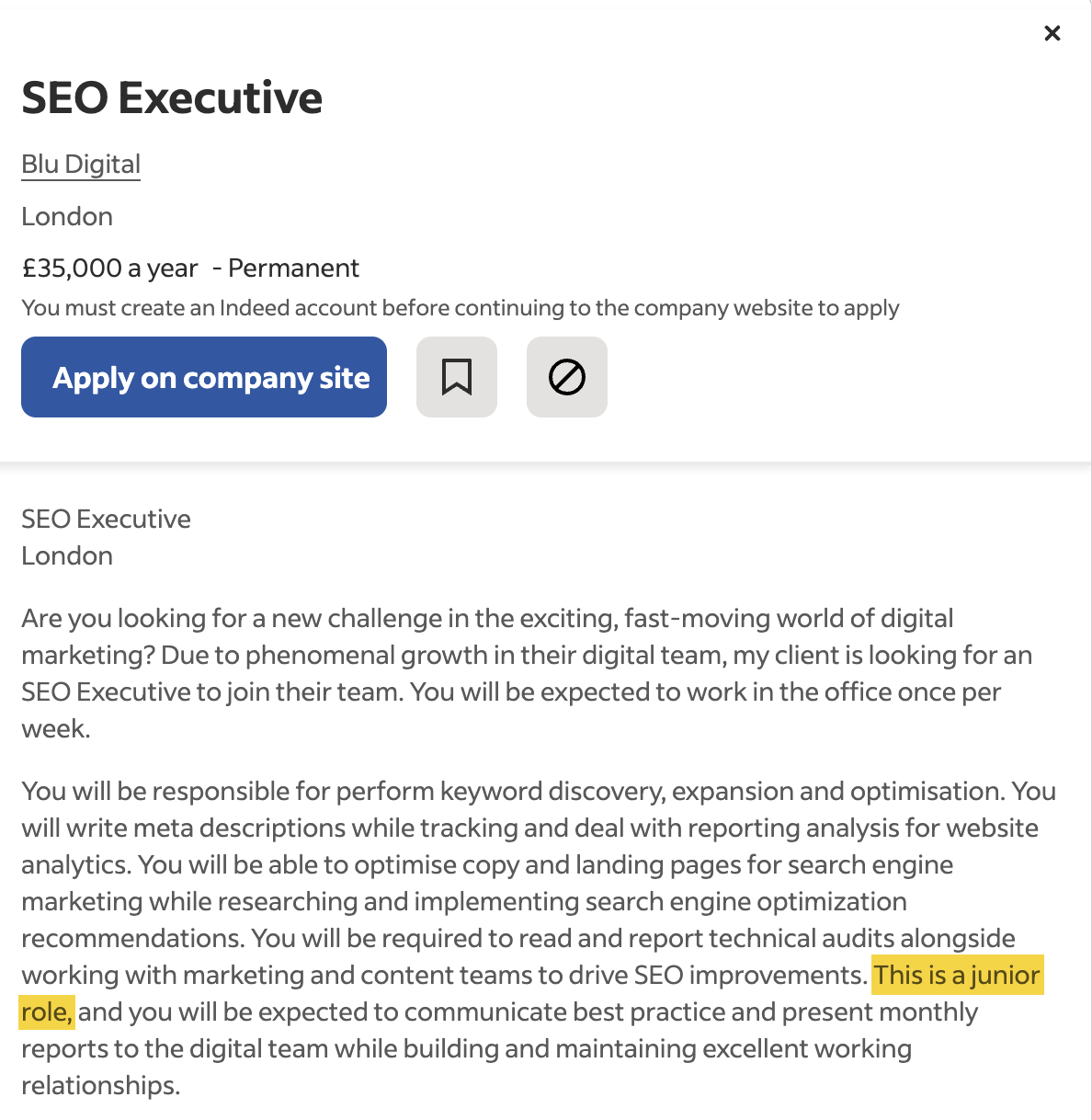 How To Become an SEO Expert in 4 Steps | Junior SEO job listing example