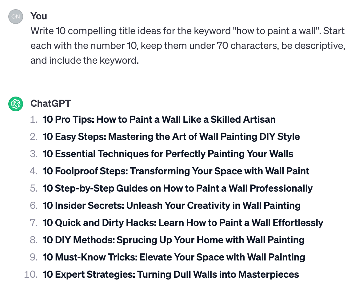 ChatGPT's response after being prompted to create 10 title tags