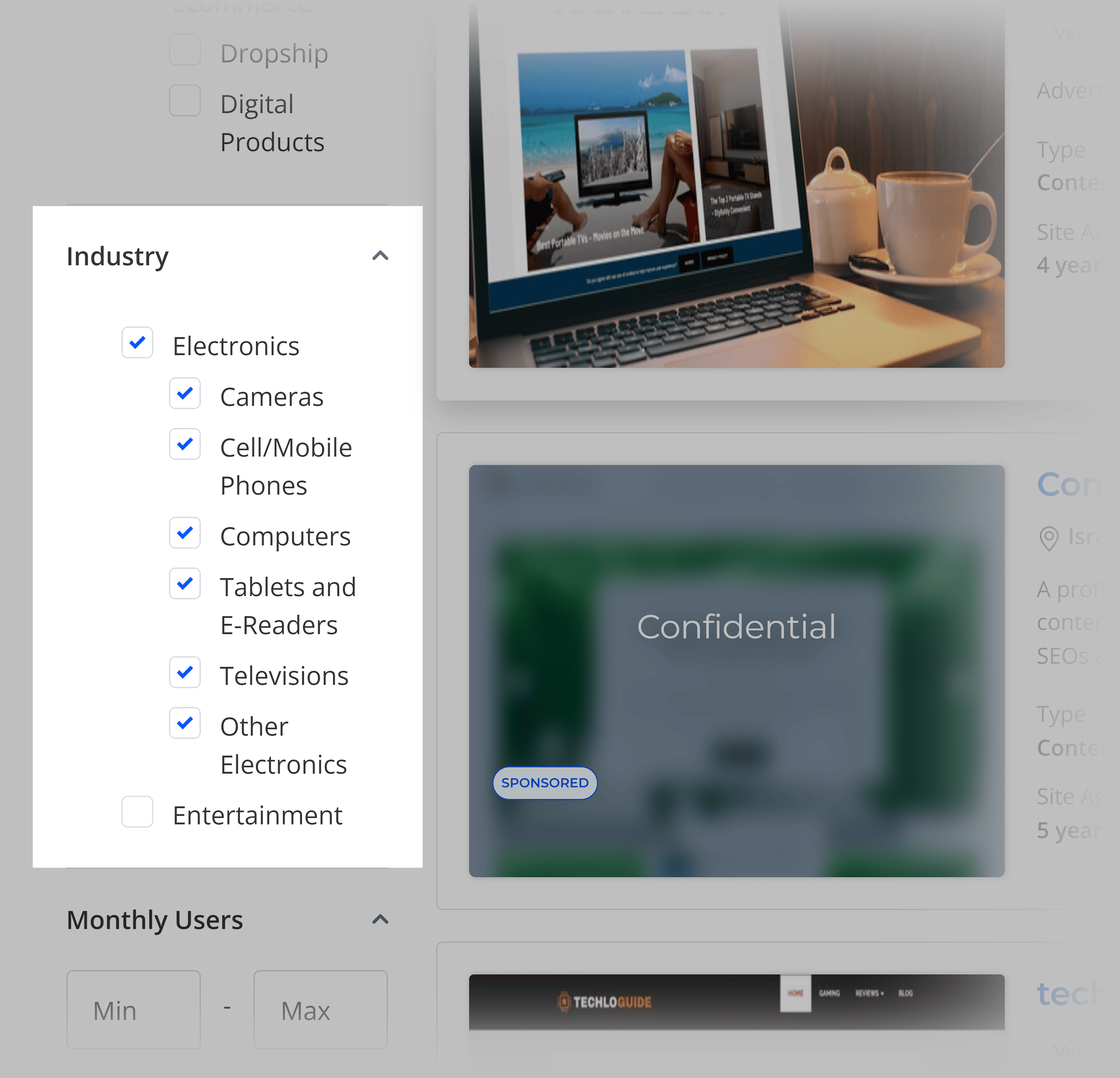 Flippa – Industry filter