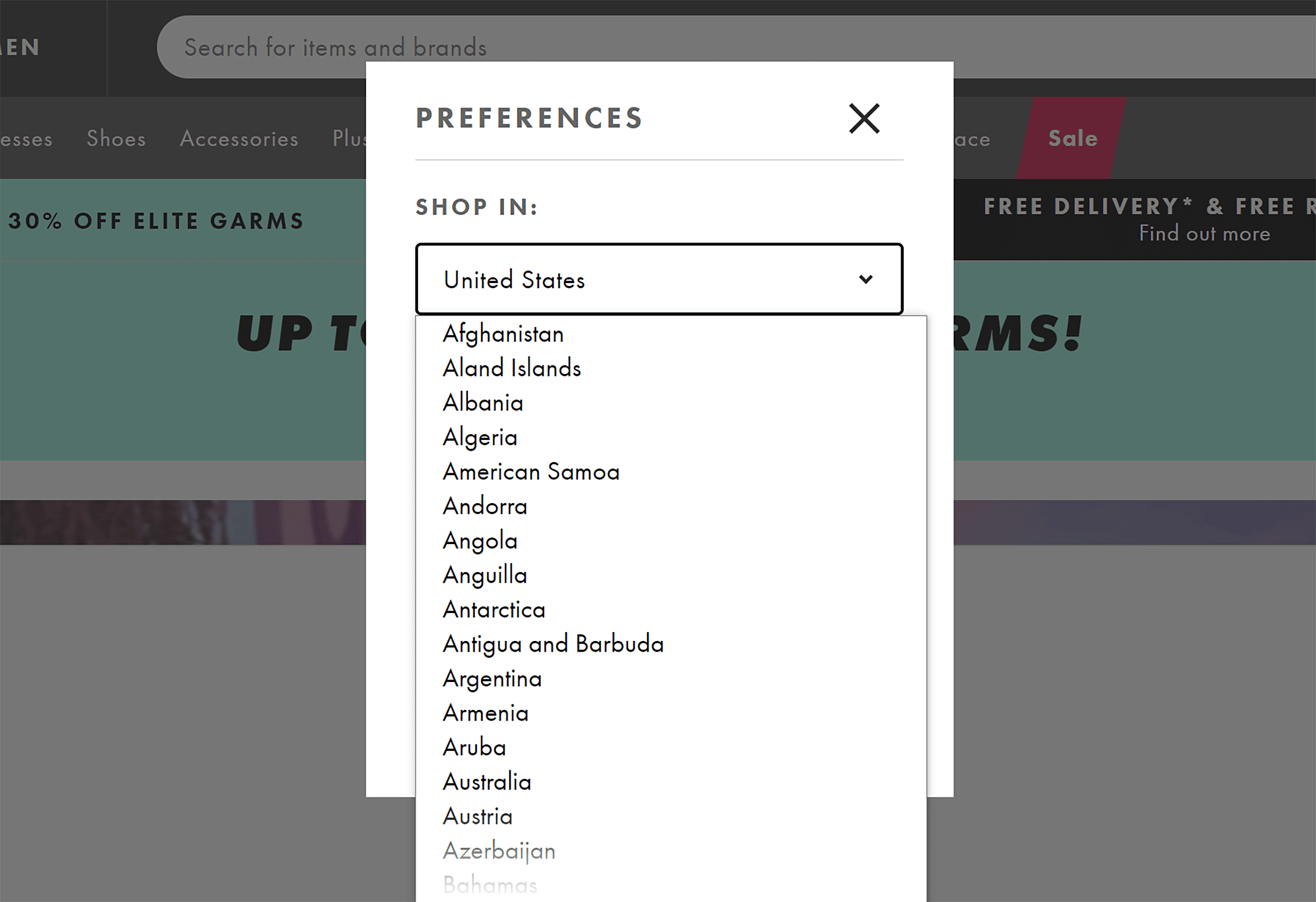 ASOS – Country selection