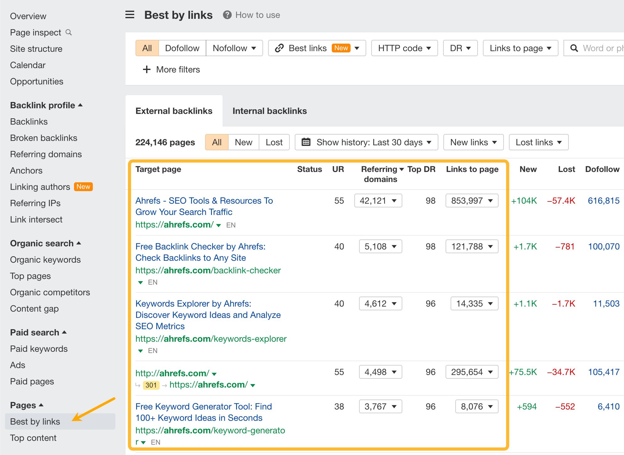 Best by links report in Ahrefs' Site Explorer.