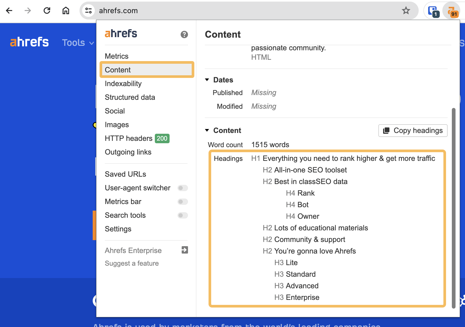 Use the Ahrefs SEO Toolbar to check the structure of your content