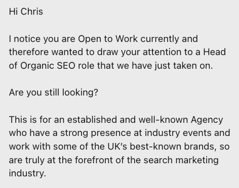 Example of Linkedin recruiter message