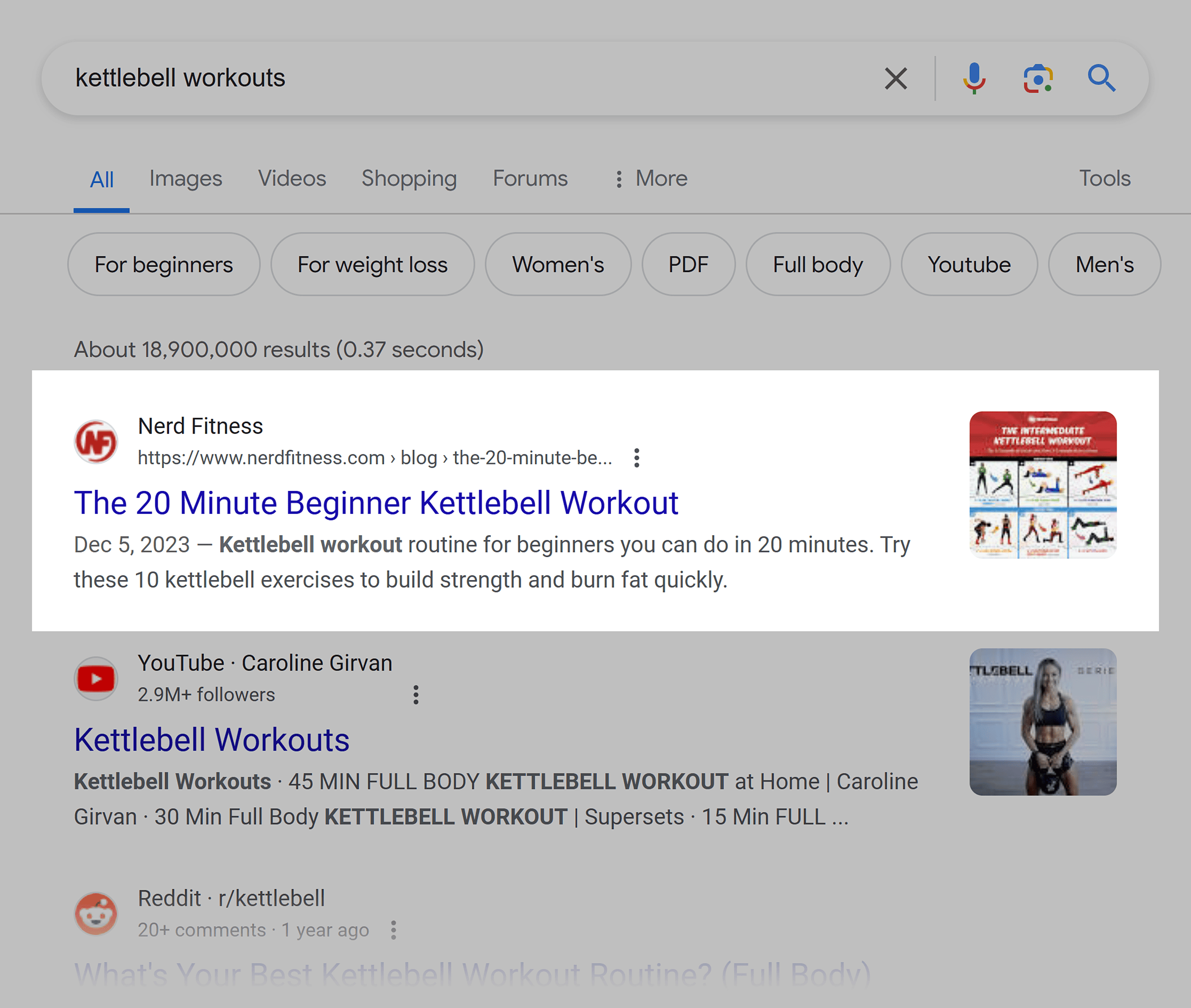 Google SERP – Kettlebell workouts