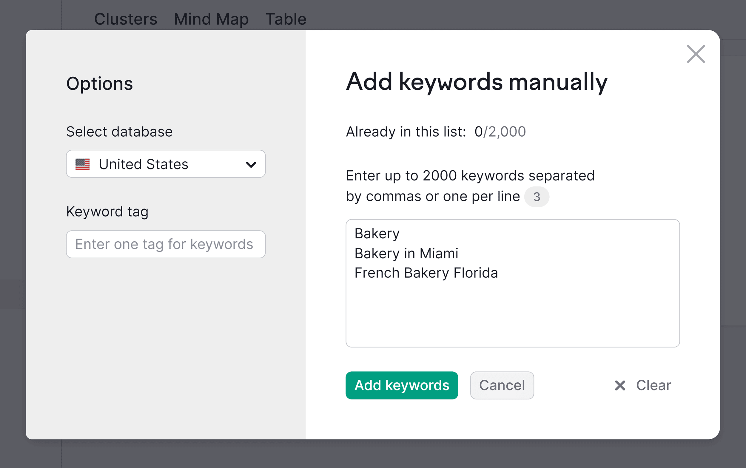 Keyword Manager – Input keywords