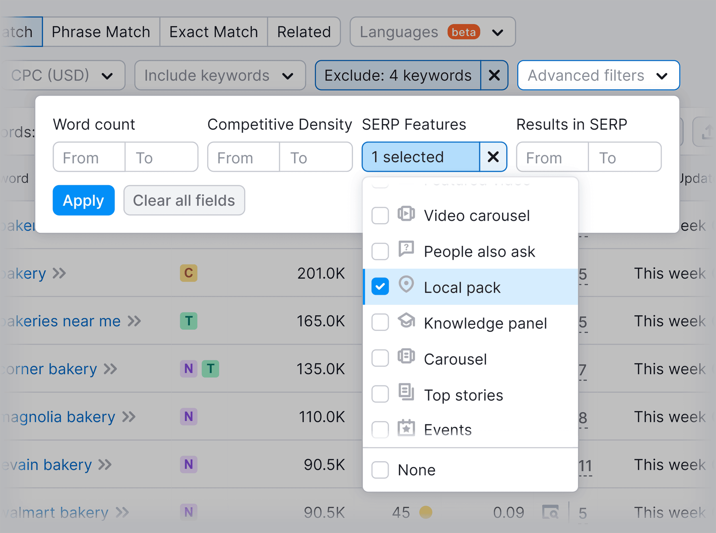 Keyword Magic Tool – Advanced filters