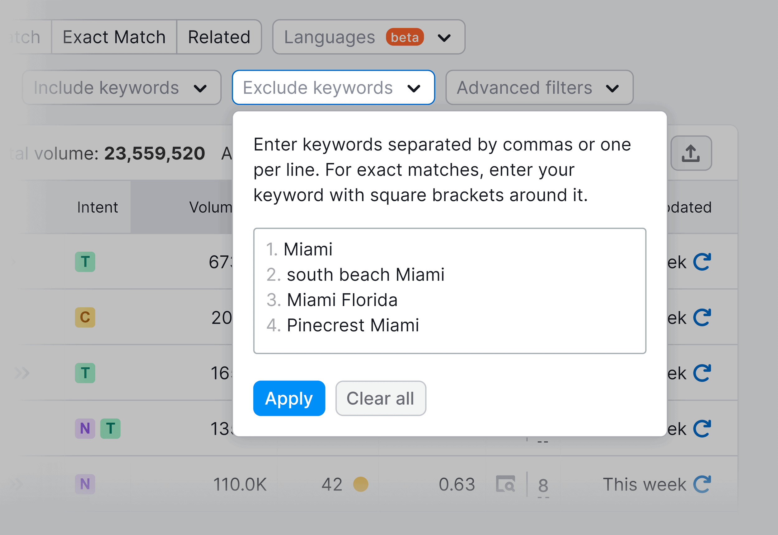 Keyword Magic Tool – Exclude keywords