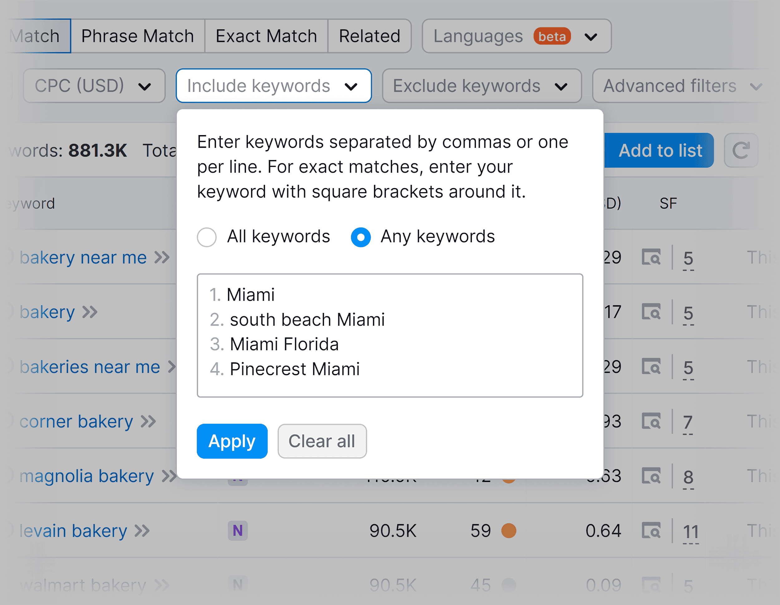 Keyword Magic Tool – Include keywords