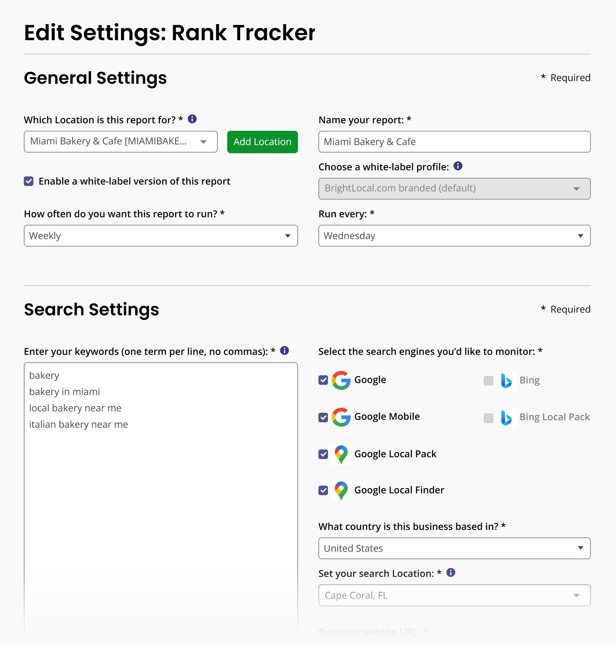 BrightLocal – Rank Tracker – Settings