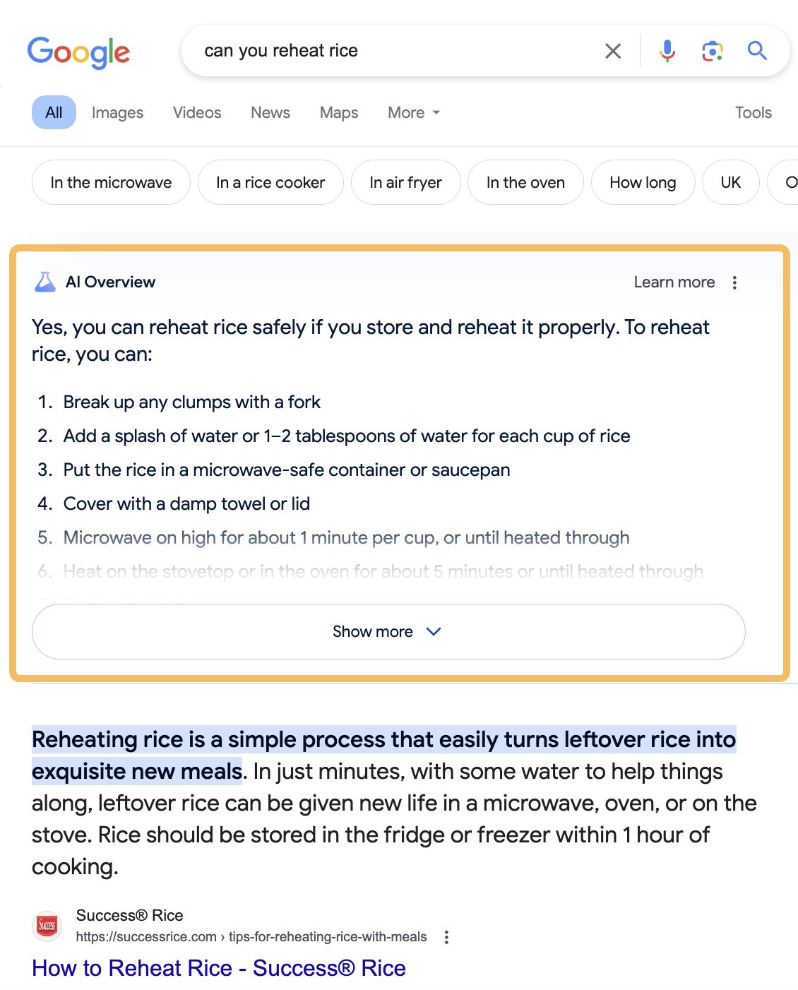 SEO Trends 2024: Separating Fact From Fiction | Example of SGE incorporated into Google search as AI overviews