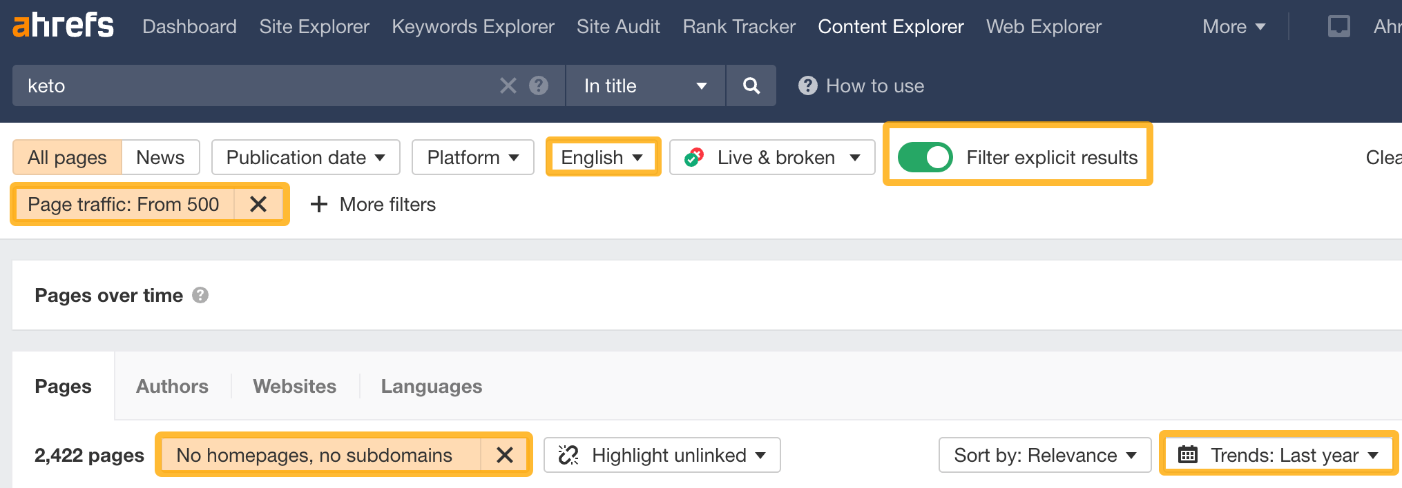Finding content that is declining in organic traffic in Content Explorer