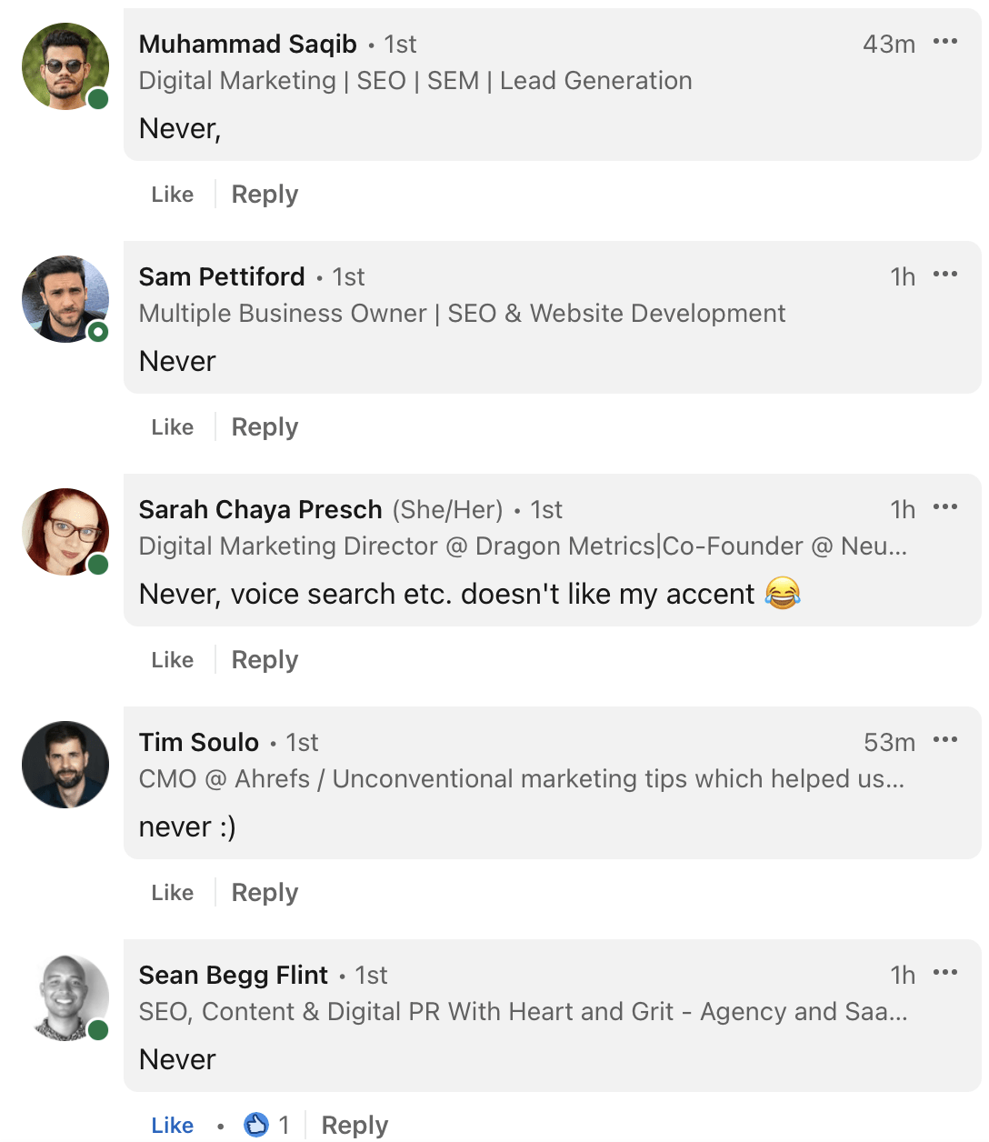 SEO Trends 2024: Separating Fact From Fiction | Linkedin poll: do people use voice search screenshot