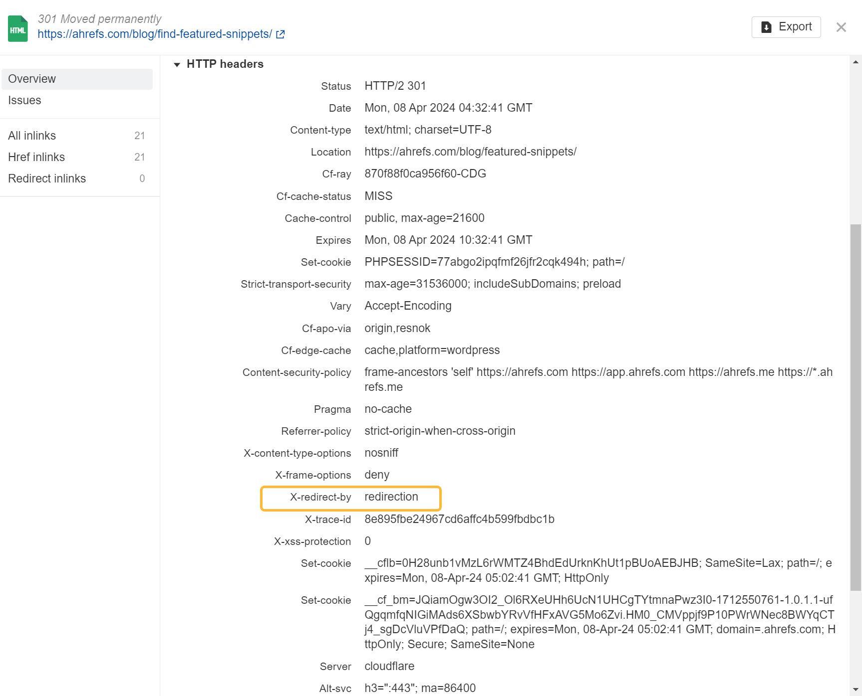 Look for hints in the HTTP Headers about where redirects fired using Ahrefs Site Audit