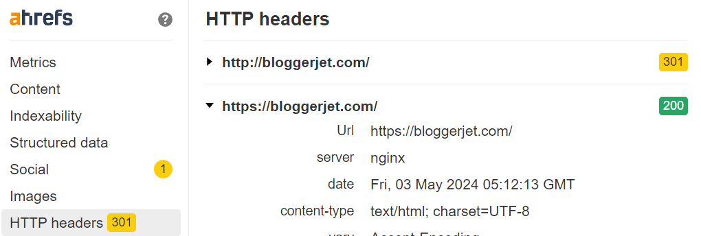 Use the Ahrefs Toolbar to check for redirects