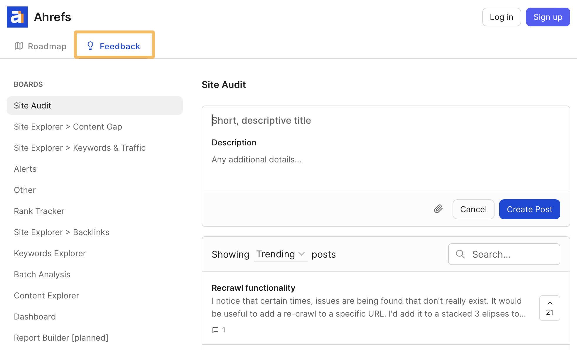 Online Reputation Management: A Beginner’s Guide | Ahrefs Canny.io feedback board screenshot