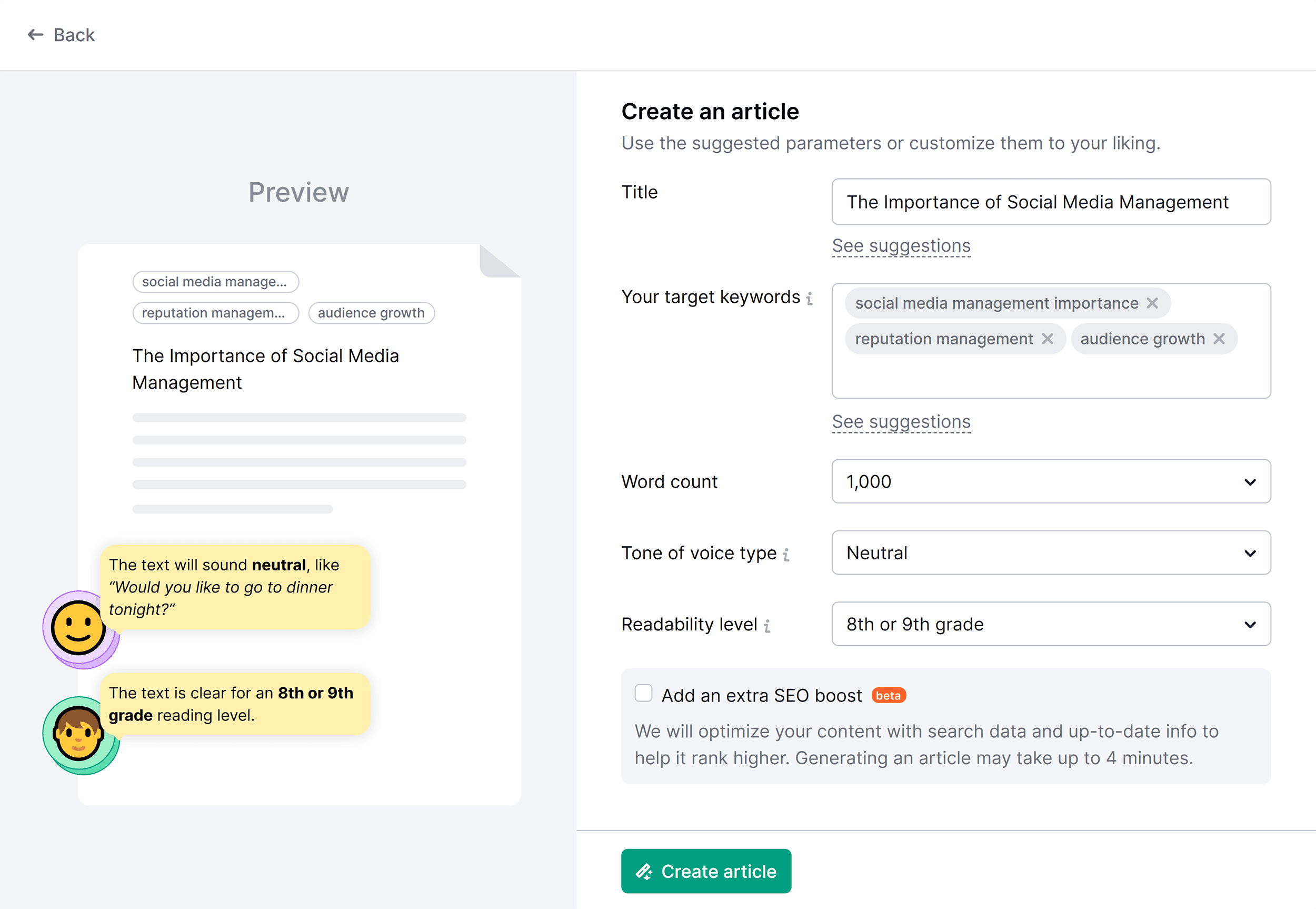 ContentShake – Create an article