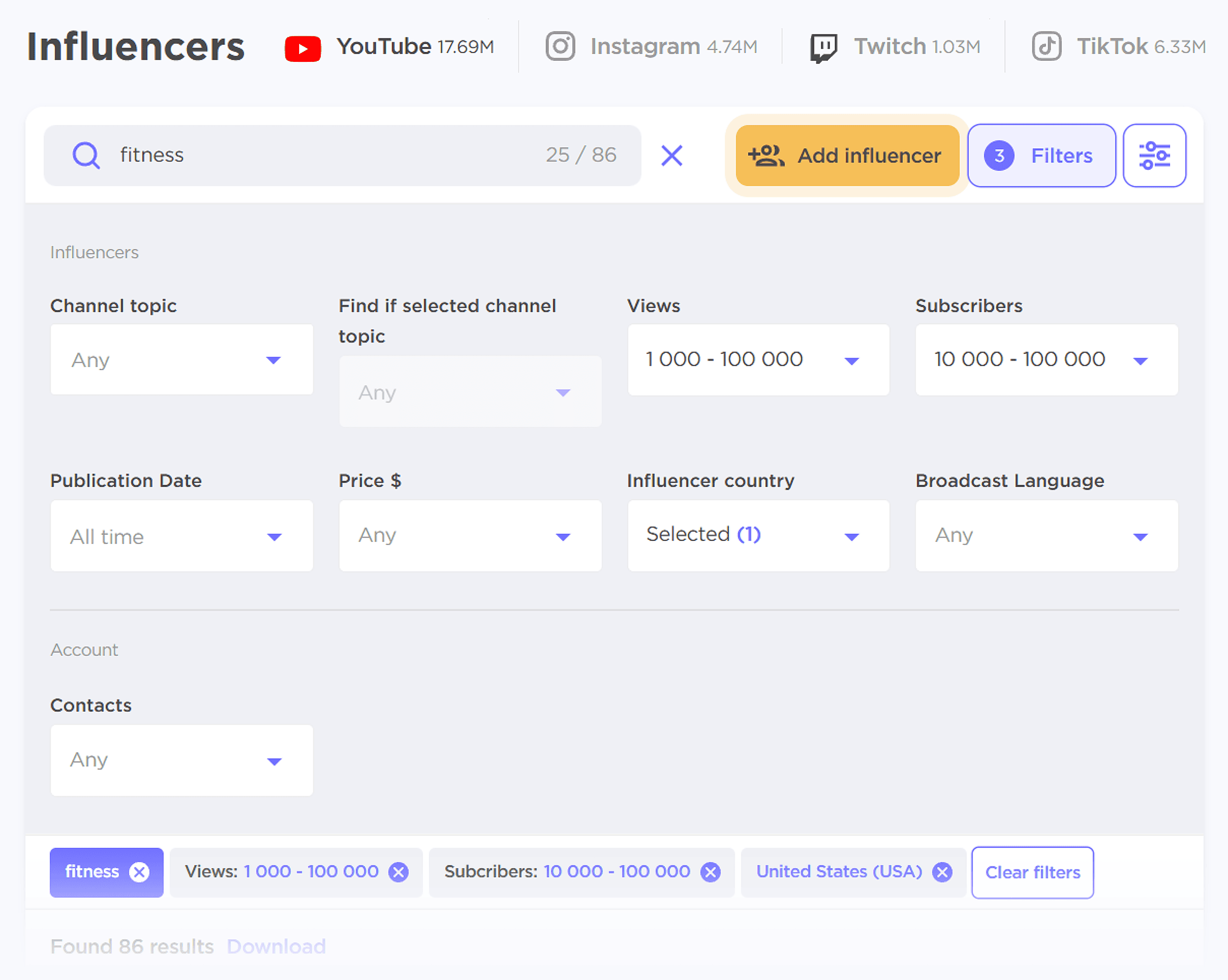 Influencer Analytics – Search filters