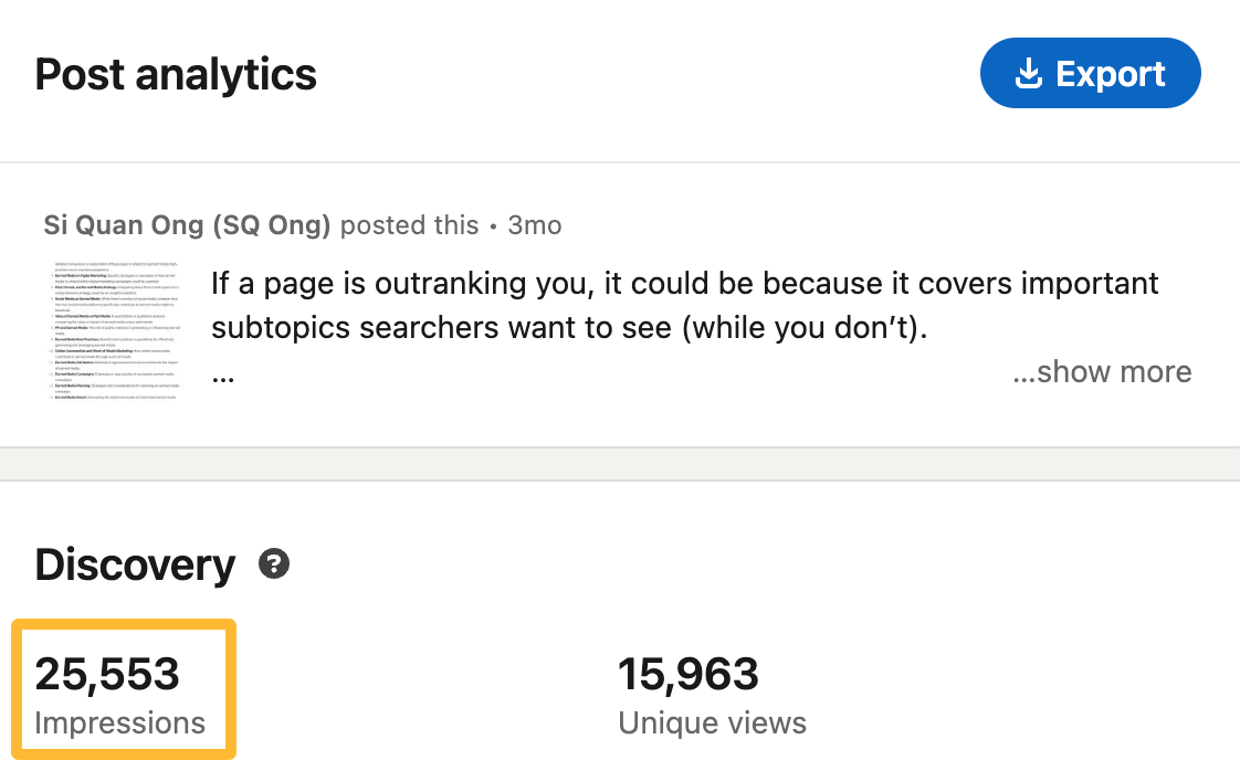 Repurposing Content: How to Get More Mileage From Your Existing Content | Number of impressions for my LinkedIn post