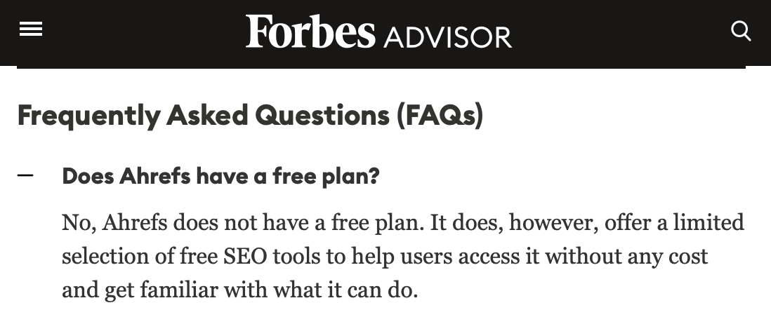 Online Reputation Management: A Beginner’s Guide | Screenshot from Forbes Advisor that has an FAQs section that doesn't specifically mention Ahrefs Webmaster Tools (AWT)