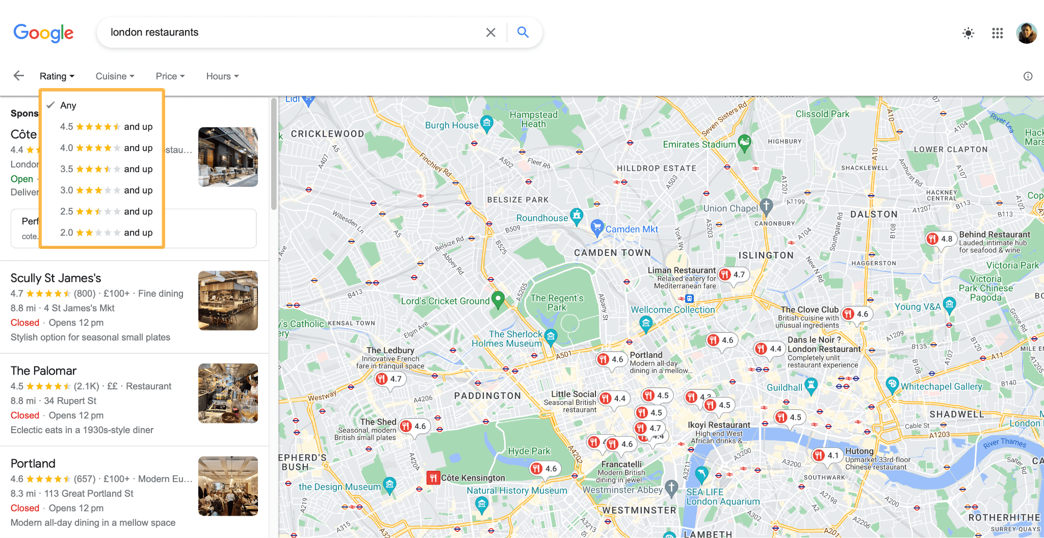 Online Reputation Management: A Beginner’s Guide | Star rating filter example, via Google Maps