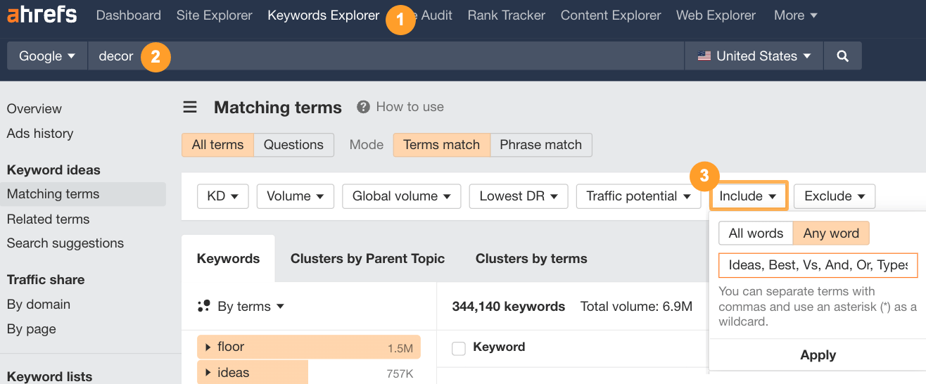 How Mid-funnel Content Can Be Your Secret SEO Weapon | Using the "Include" filter in Ahrefs' Keyword Explorer tool.