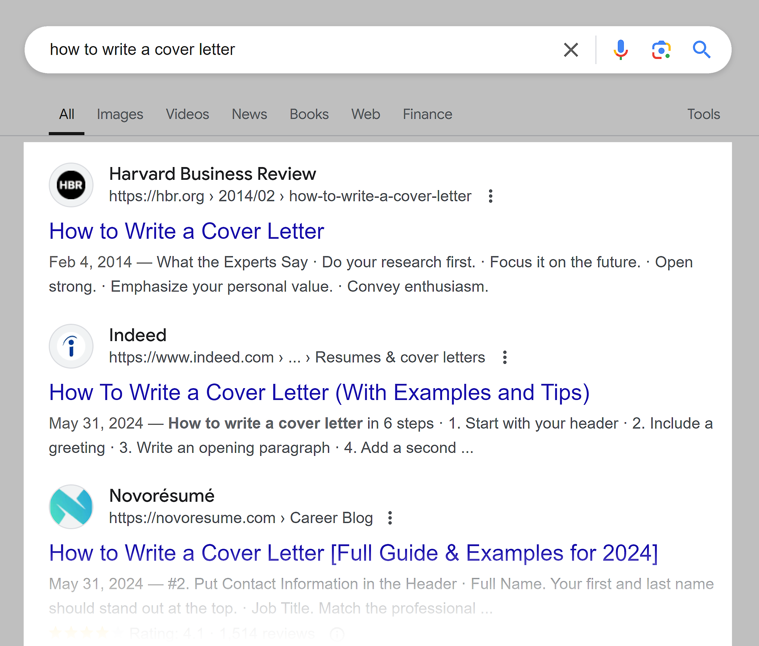 Google SERP – How to write a cover letter