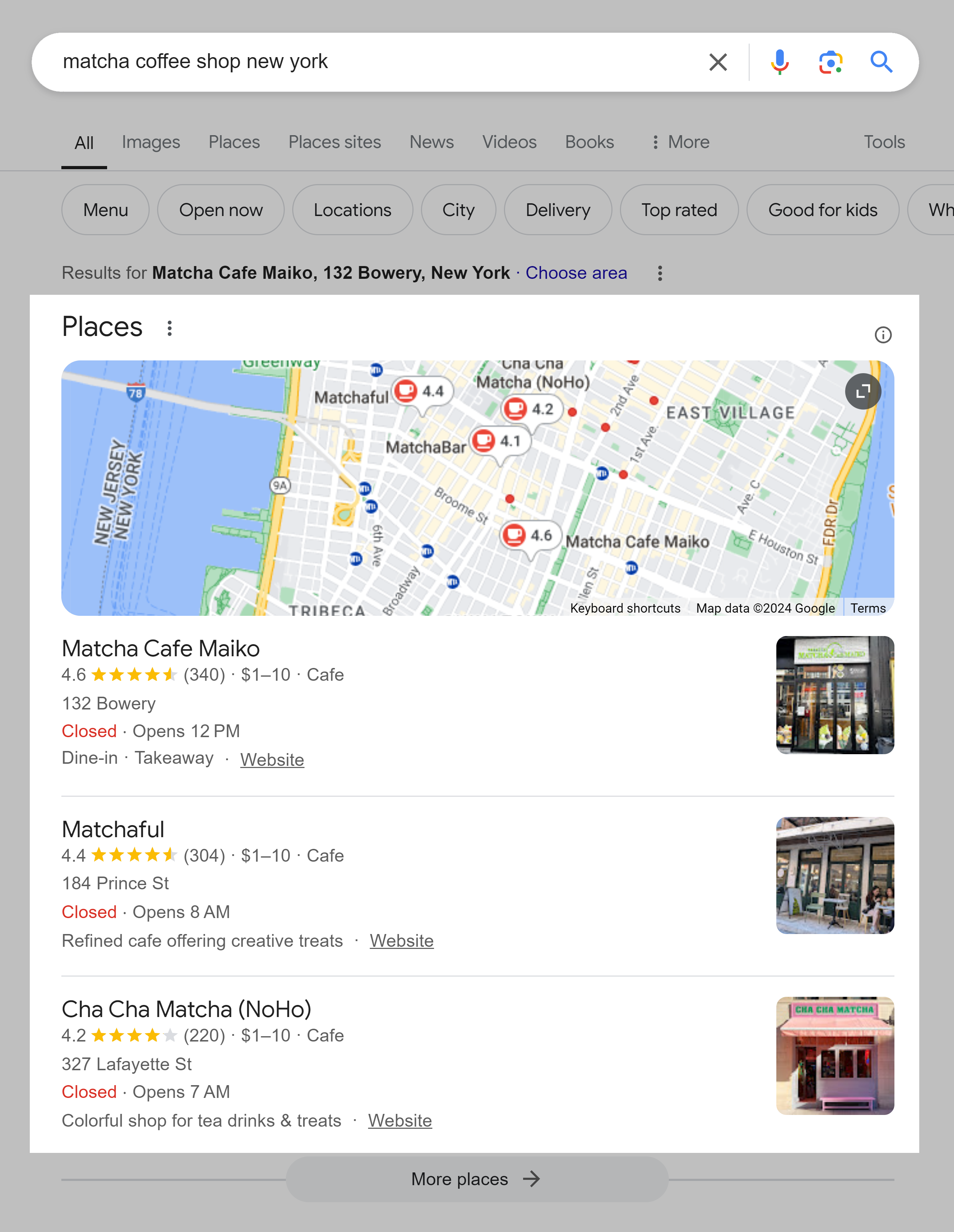 Google SERP – Matcha coffee shop New York – Places