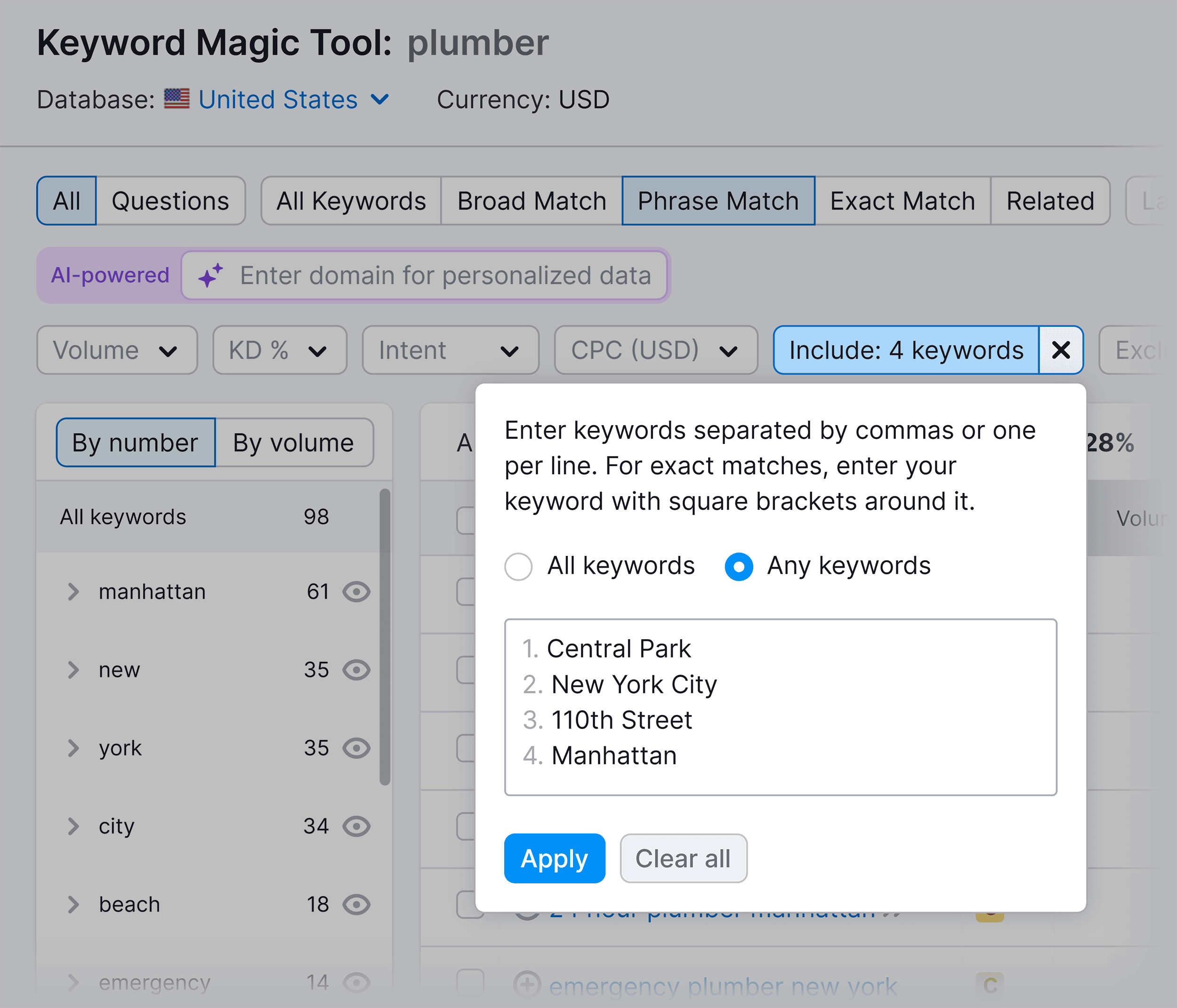 Keyword Magic Tool – Include keywords filter