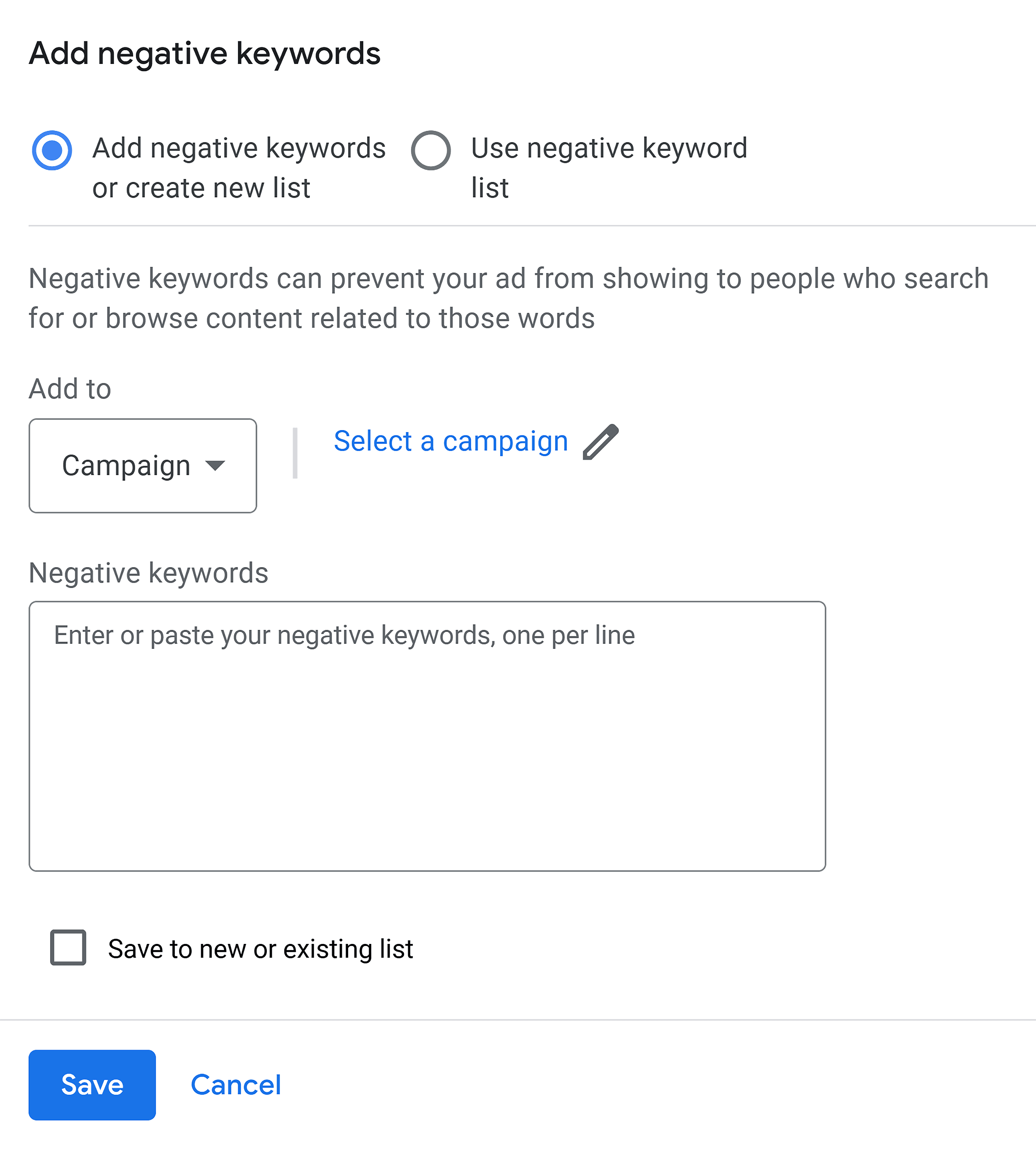 Search keywords – Add negative keywords Search keywords – Add negative keywords