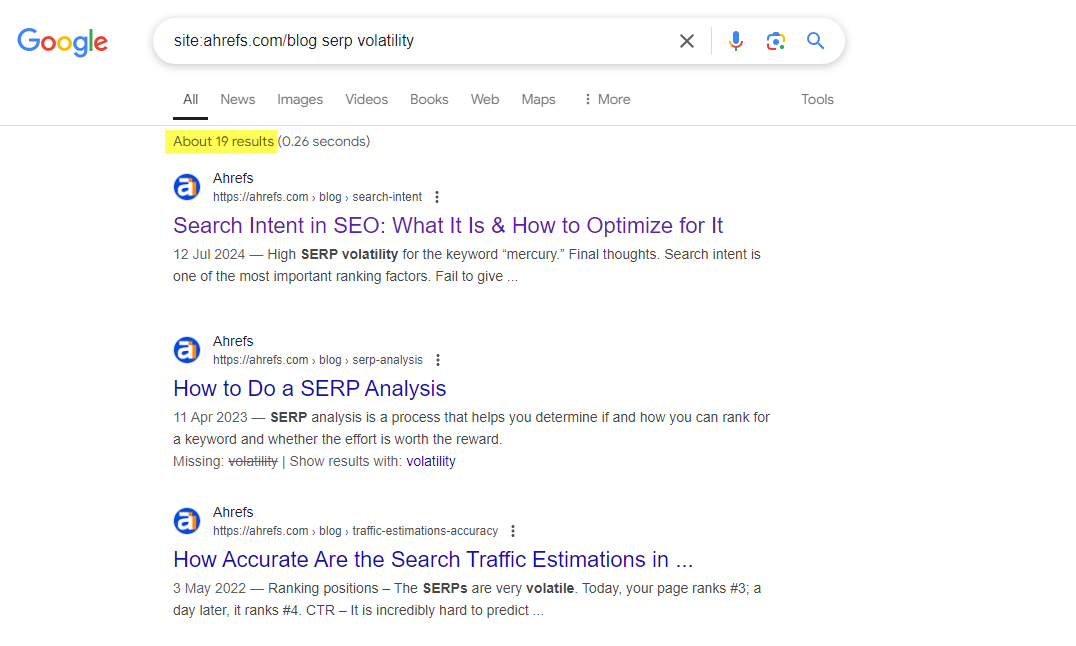 SERP Volatility: Why Your Rankings Are in Flux | An example of a Google site operator search