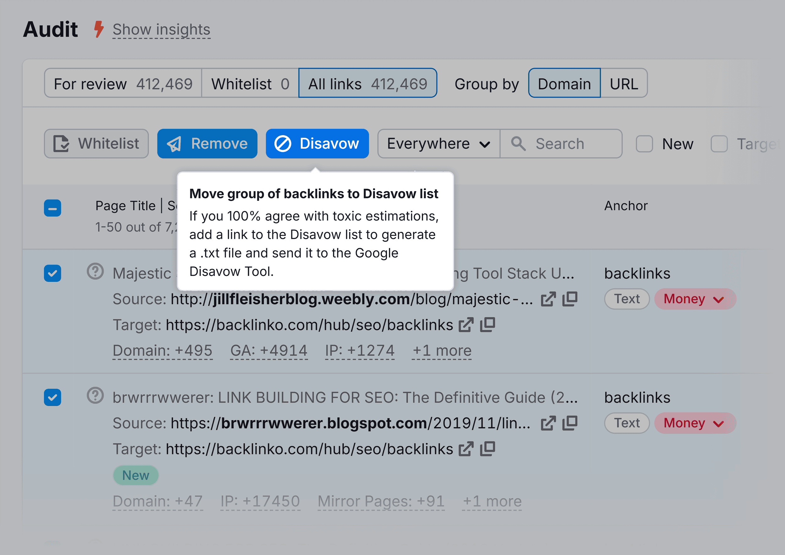 Backlink Audit – Select links to disavow