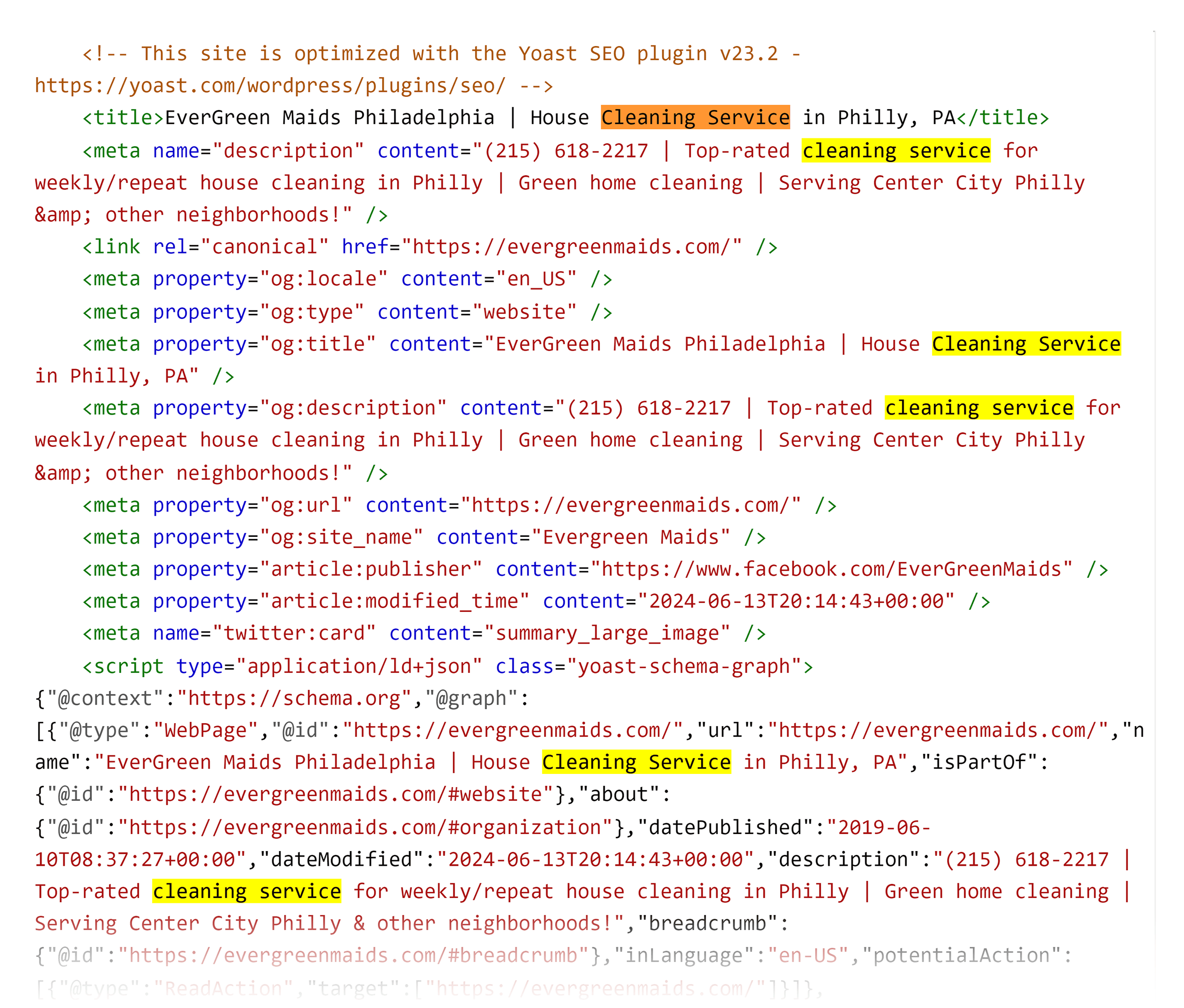 Cleaning Service keyword – In page source