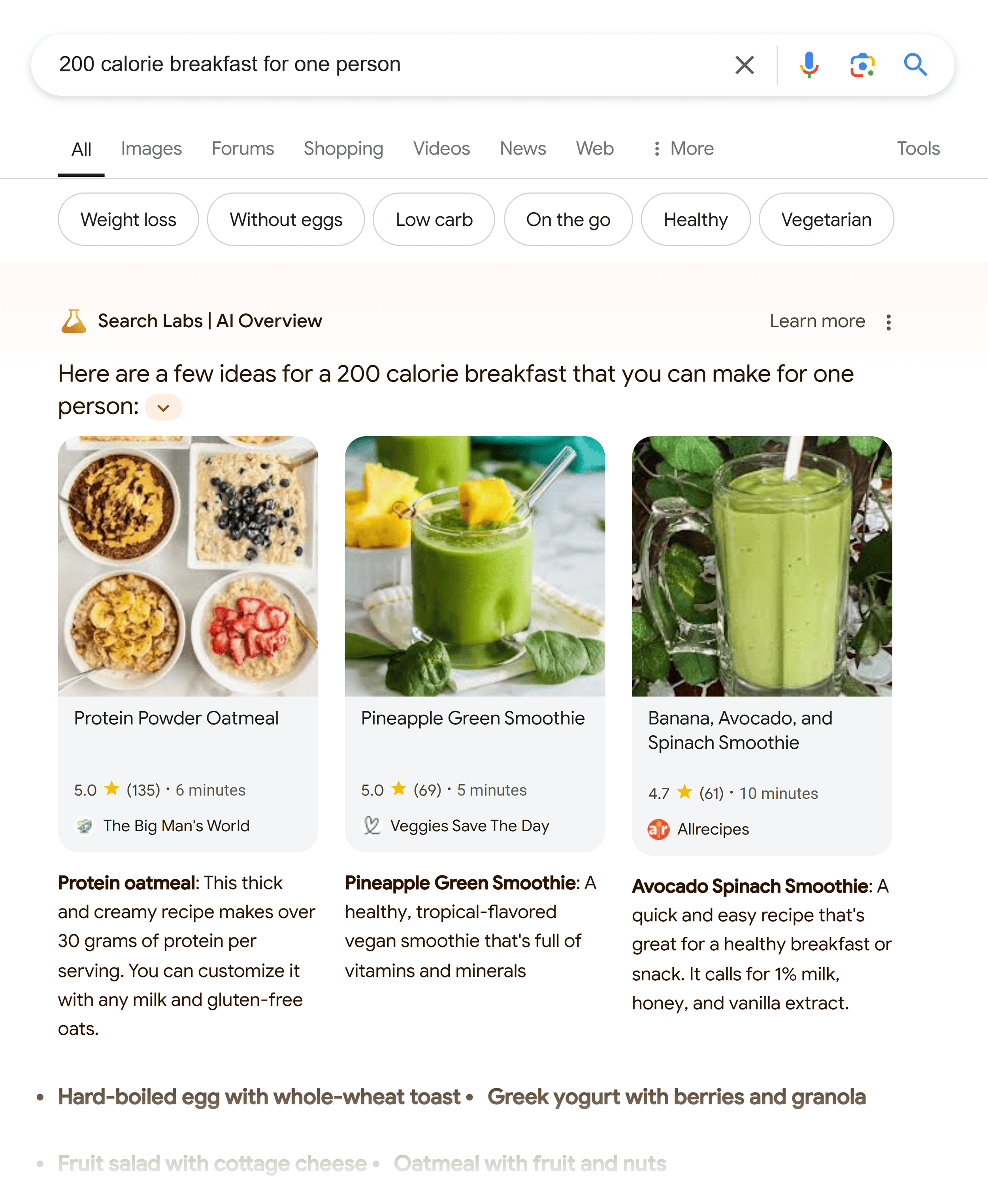 Google SERP – 200 calorie breakfast for one person– AI Overview Google SERP – 200 calorie breakfast for one person– AI Overview