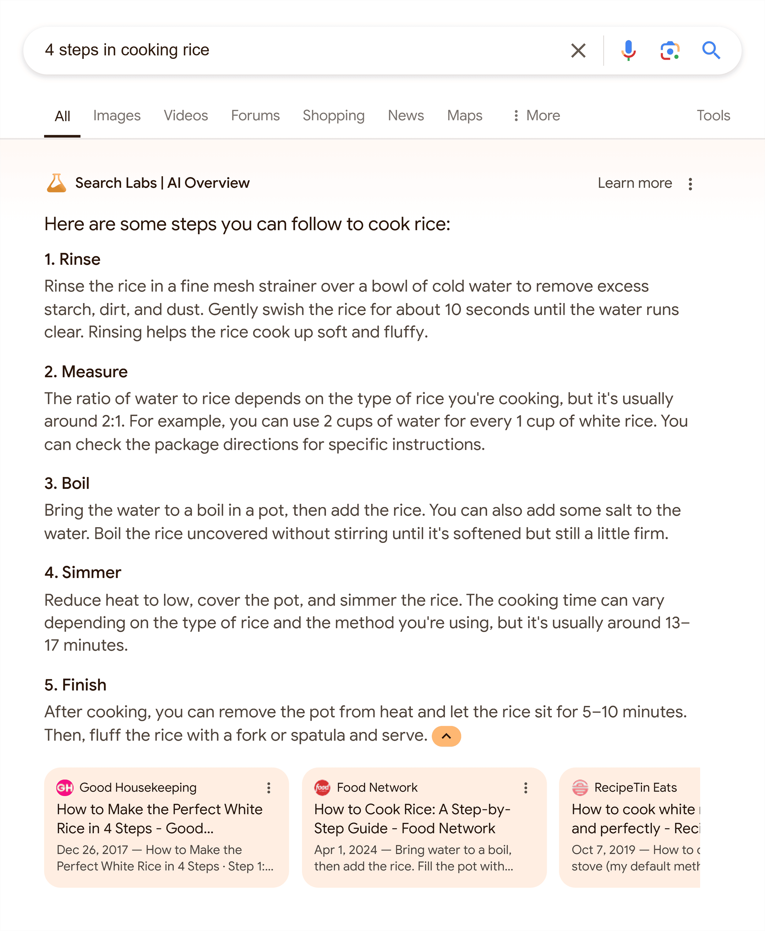 Google SERP – 4 steps in cooking rice – AI Overview Google SERP – 4 steps in cooking rice – AI Overview