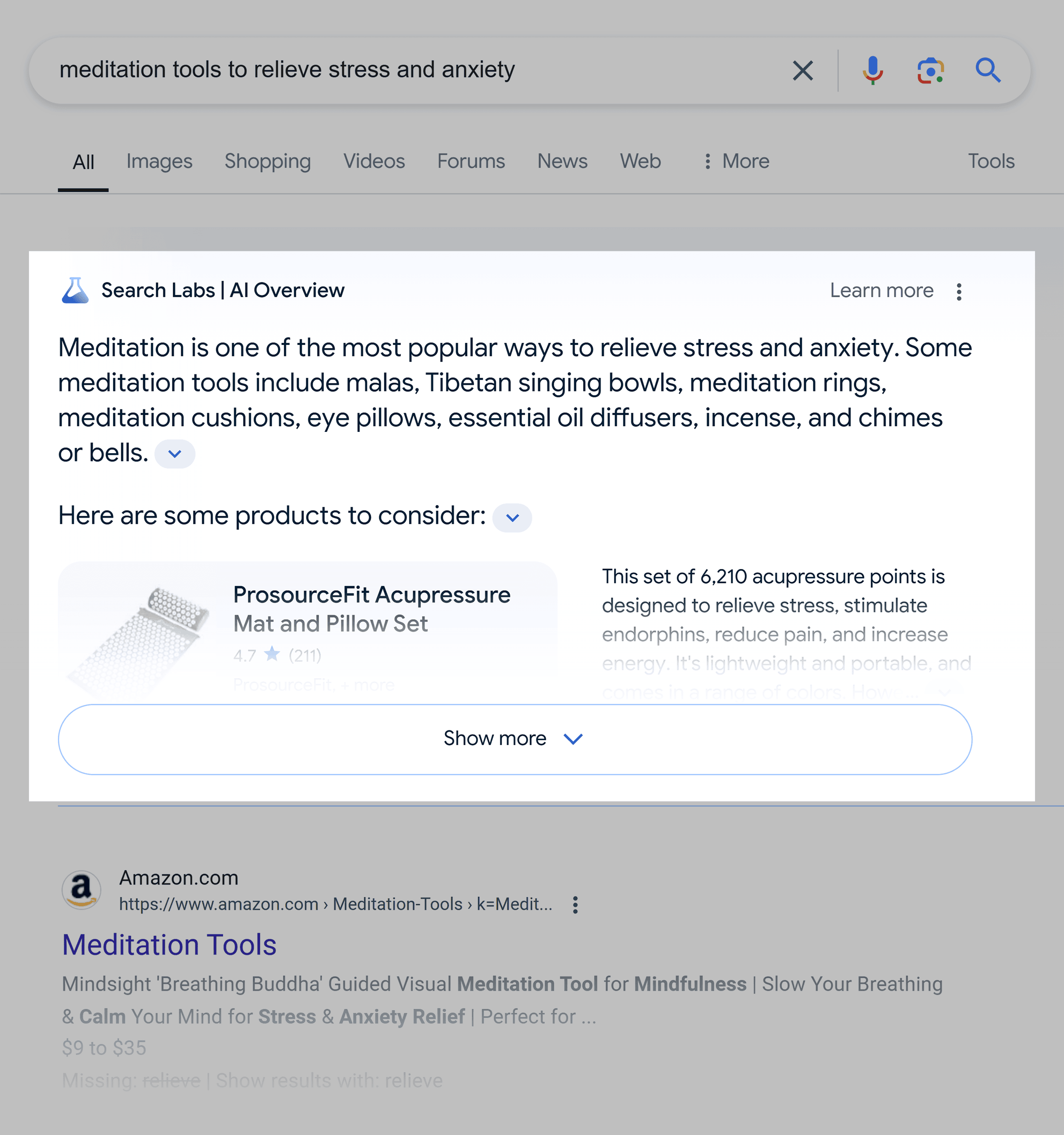Google SERP – Meditation tools to relieve stress and anxiety – AI Overview Google SERP – Meditation tools to relieve stress and anxiety – AI Overview