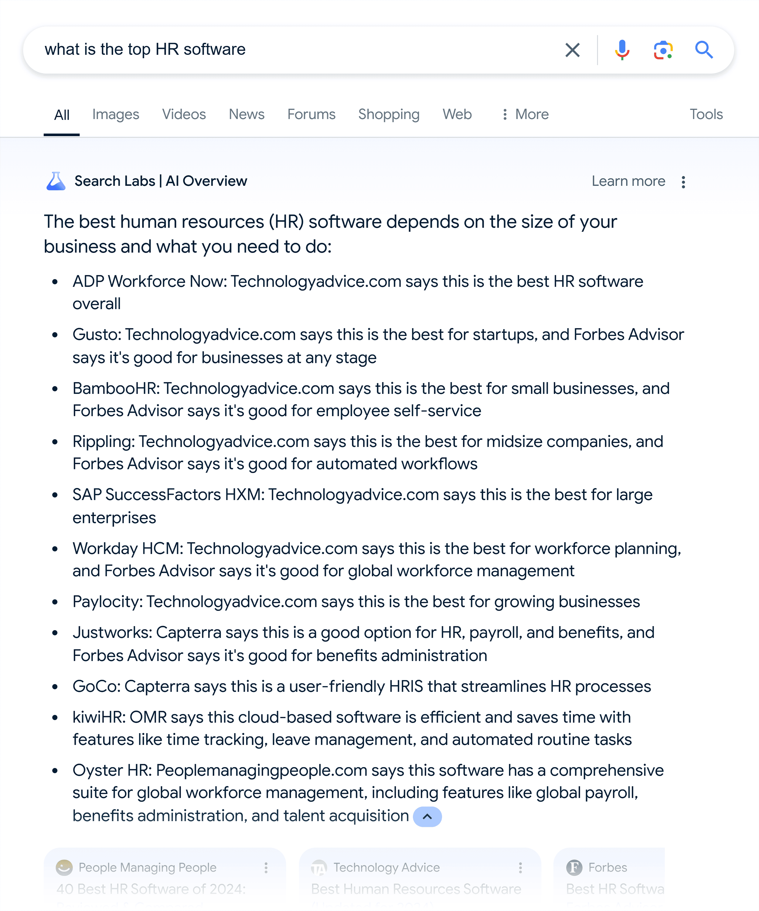 Google SERP – What is the top HR software – AI Overview Google SERP – What is the top HR software – AI Overview