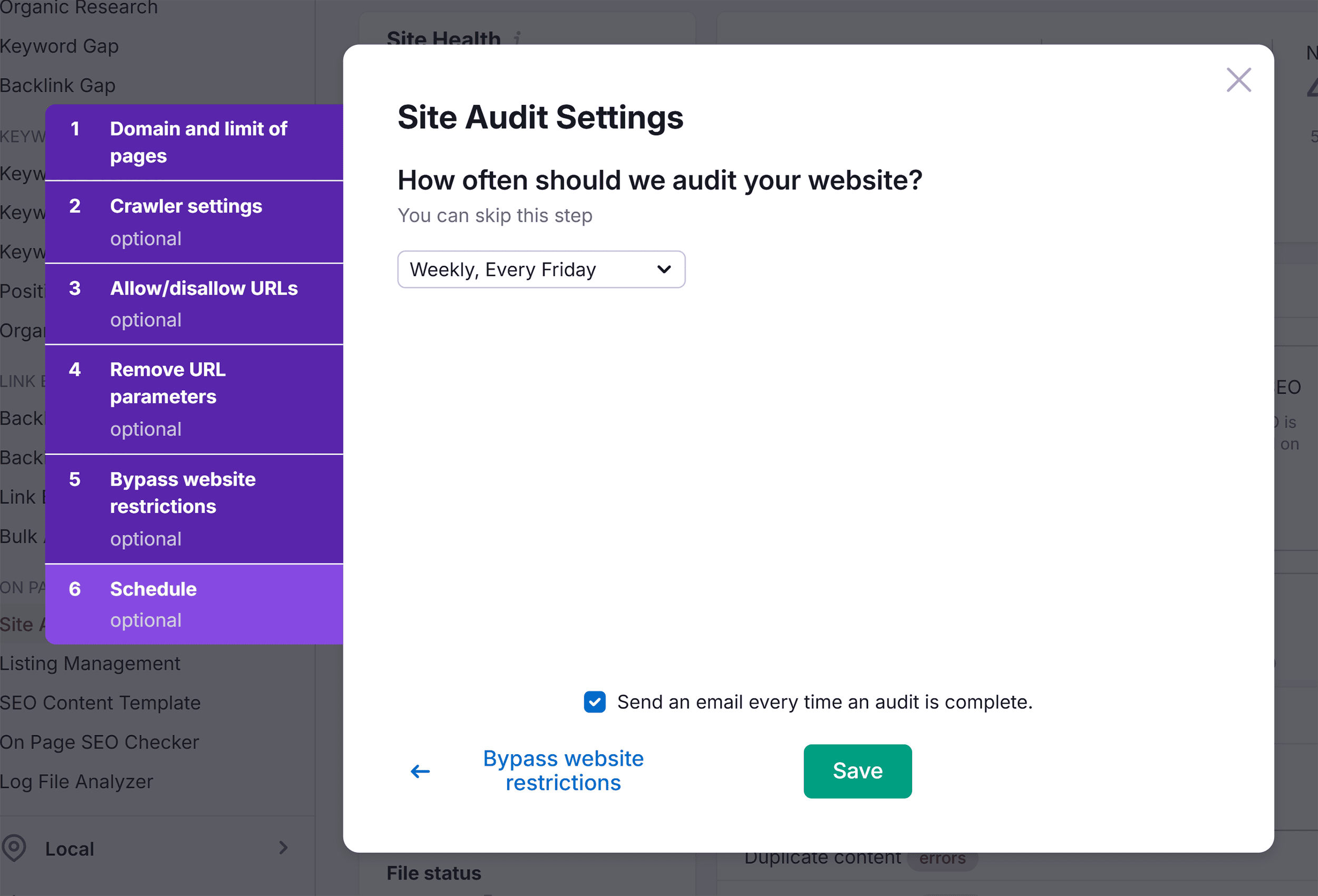 Site Audit – Campaign Settings – Schedule Site Audit – Campaign Settings – Schedule