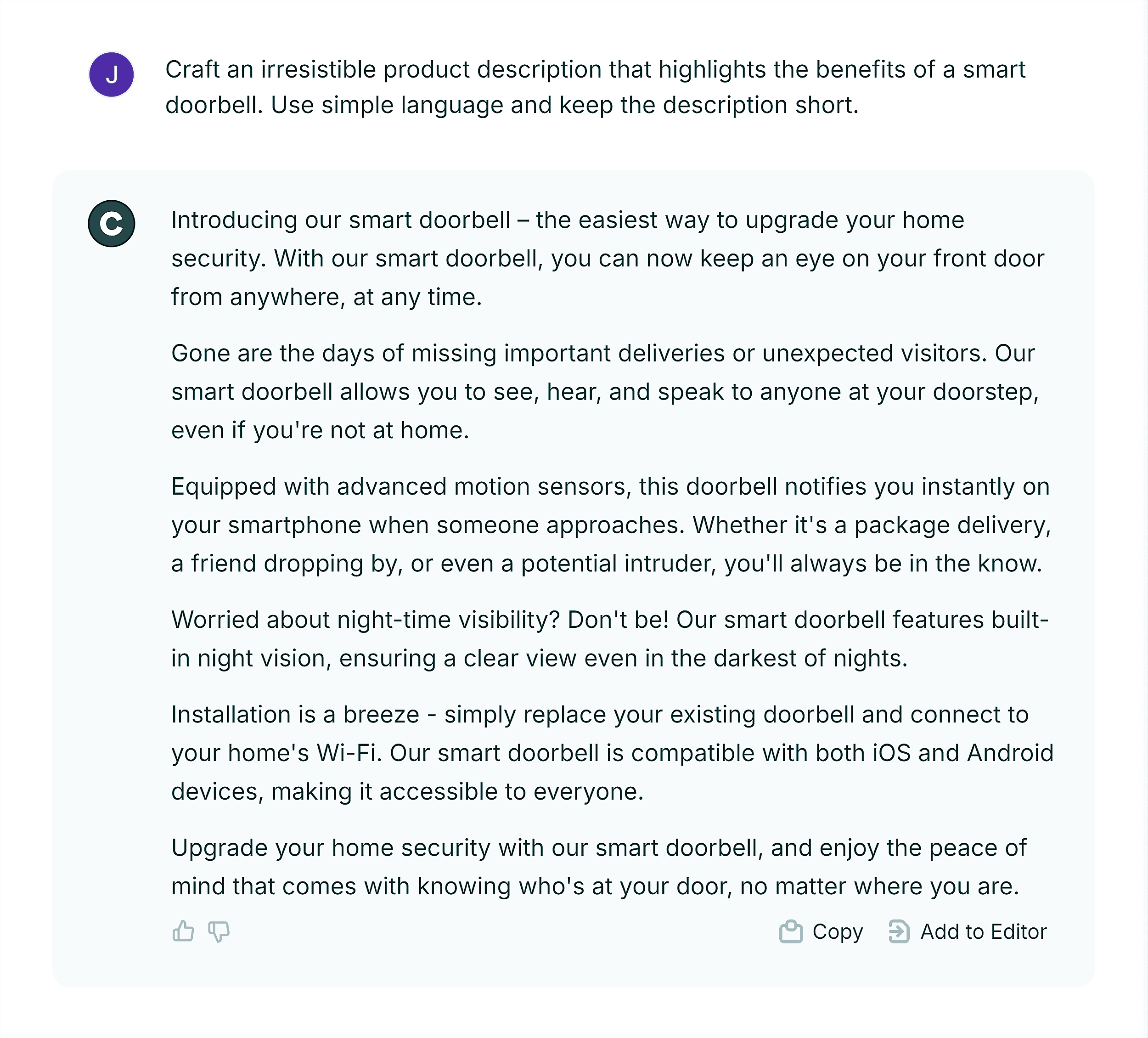 Copy.ai – Product description prompt result