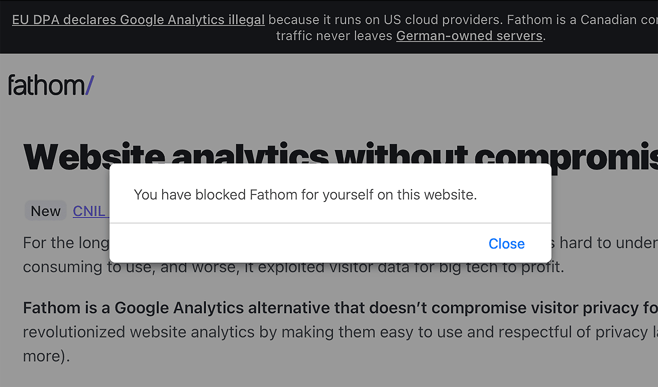 Fathom Analytics – EU user addresses are blocked by default Fathom Analytics – EU user addresses are blocked by default