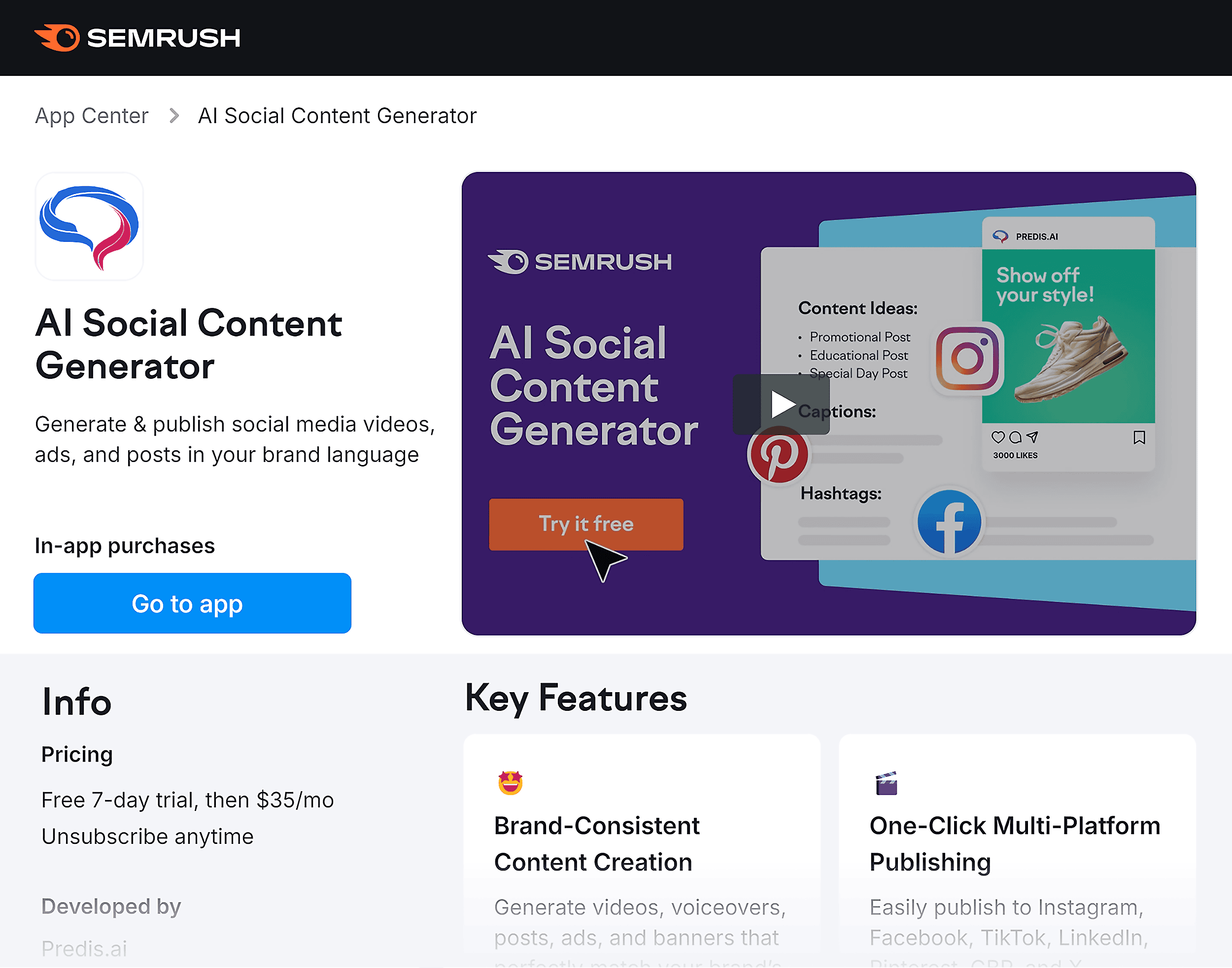 Semrush – AI Social Content Generator – Homepage
