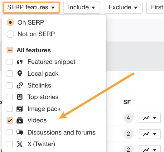 Advanced SEO: My Top 8 Tactics Shared By 107 SEOs | SERP feature filter in Ahrefs with "Videos" selected.
