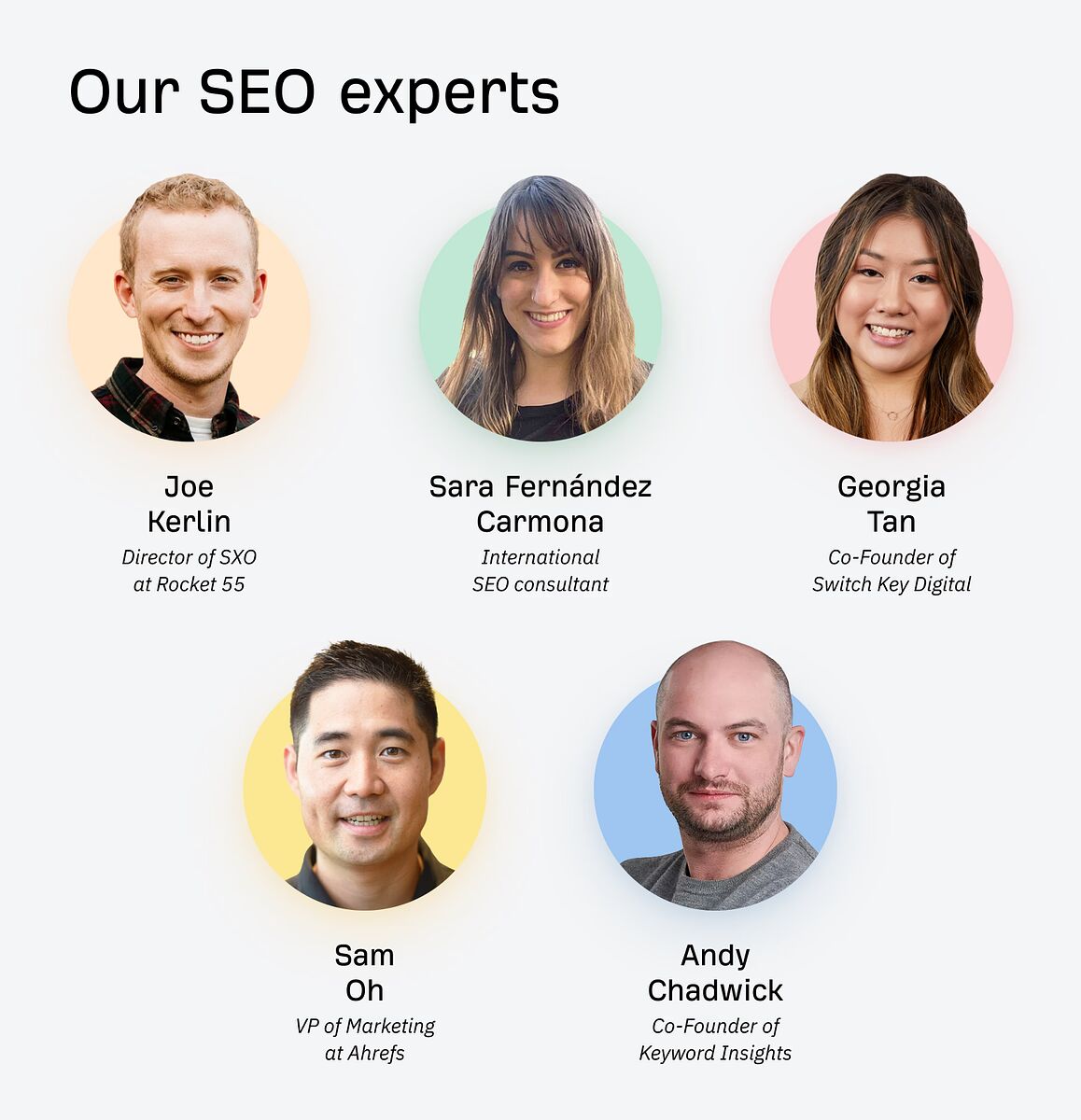 SXO Explained: How to Adapt to the New Era of Search | SXO experts who contributed to this post include Joe Kerlin, Sara Fernández Carmona and Georgia Tan depicted in the top row and Sam Oh and Andy Chadwick in the bottom row.