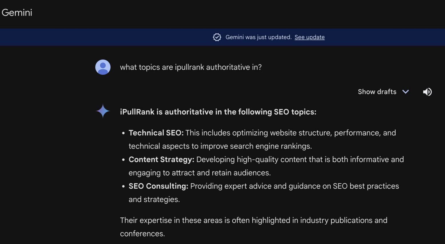 Screenshot from Bernard Huang's Ahrefs talk show a query in Gemini “What topics are iPullRank authoritative in?”. Answer includes technical seo, content strategy, and seo consulting